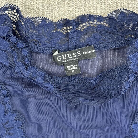 GUESS Navy Blue Lace Crop Holiday Glam Y2K Mock Nk Sheer Fitted Top Fairy Grunge - Picture 6 of 6